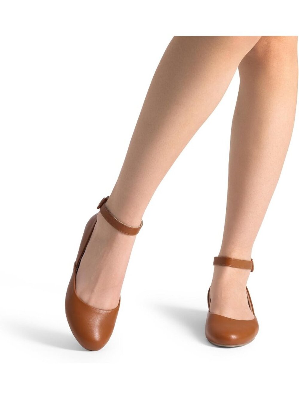 Women's Brown PU Ankle Strap Ballet Flat Low Wedge Round Toe Comfortable Shoes - Picture 6 of 6